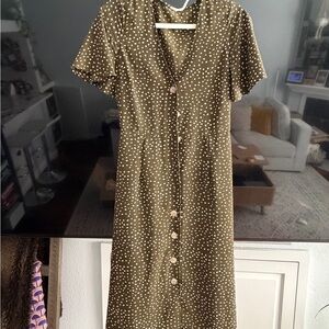 Elegant Olive Polka Dot Midi Dress